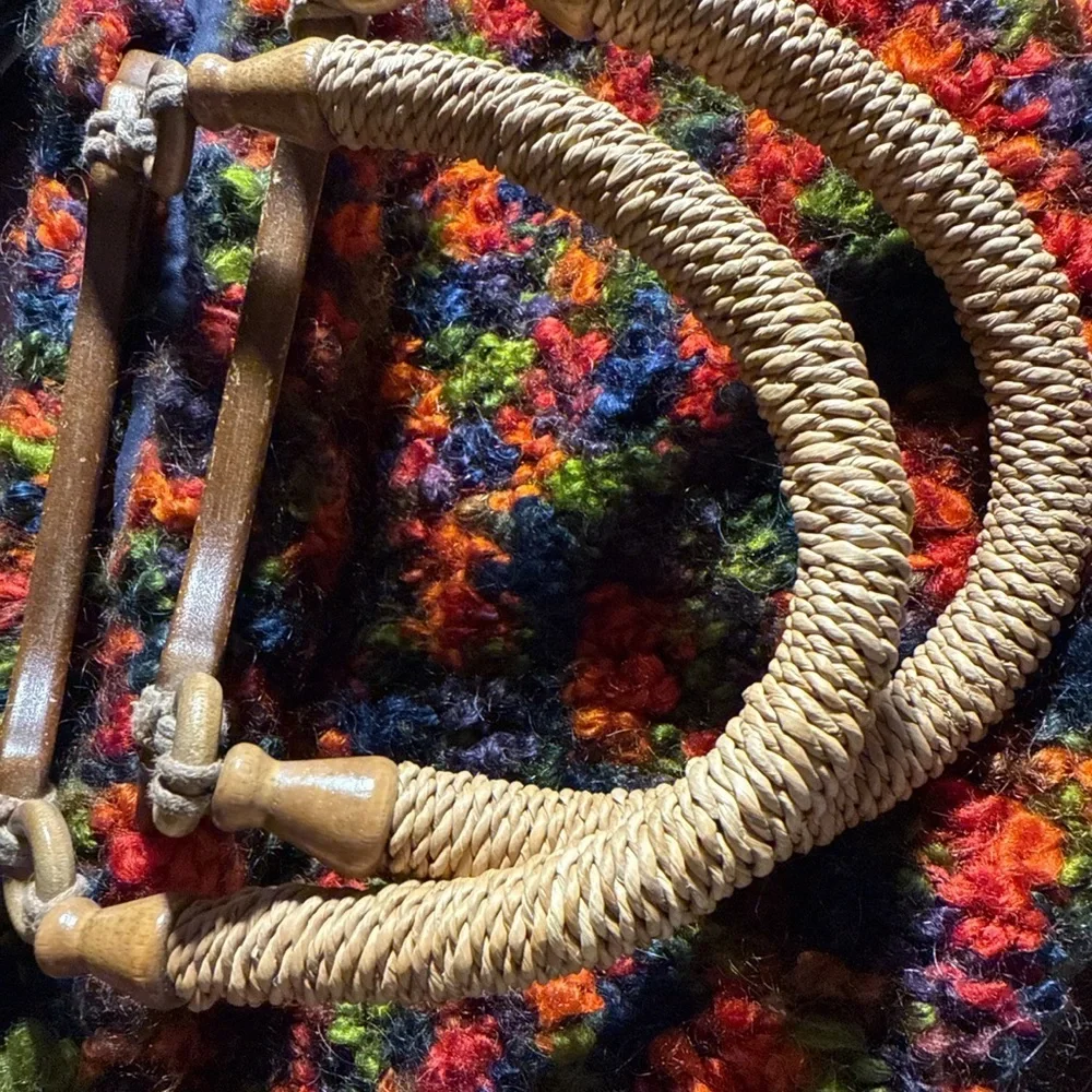 Hand-knitted Vtg.Boho Bag w/Raffia Handles Chunky Yarn Fully Lined Cottagecore